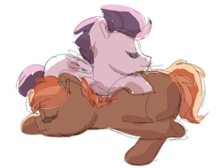 Size: 1071x800 | Tagged: artist needed, safe, character:button mash, character:rumble, species:earth pony, species:pegasus, species:pony, colt, gay, male, rumblemash, shipping, simple background, snuggling, white background