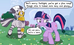 Size: 793x490 | Tagged: artist needed, source needed, safe, character:twilight sparkle, character:zecora, species:pony, species:unicorn, species:zebra, butt envy, comic, crying, duo, duo female, female, floppy ears, grass, looking back, mare, plot, zecorass