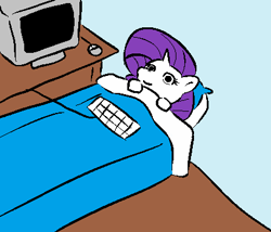 Size: 426x364 | Tagged: artist needed, safe, character:rarity, bed, computer, go to sleep, rerity, thousand yard stare