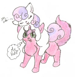 Size: 720x736 | Tagged: artist needed, source needed, safe, character:ruby pinch, character:sweetie belle, cat, catified, chest fluff, cute, female, hug, pony hat, species swap, sweetiehat, traditional art