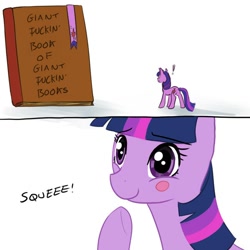 Size: 640x640 | Tagged: artist needed, safe, character:twilight sparkle, character:twilight sparkle (unicorn), species:pony, species:unicorn, artifact, blush sticker, blushing, book, bookhorse, cute, exclamation point, eyes on the prize, female, frown, giant fucking book of magic and shit, happy, hoof over mouth, impossibly large book, looking at something, mare, simple background, smiling, squee, surprised, that pony sure does love books, twiabetes, underhoof, vulgar, white background, wide eyes