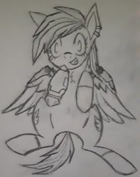 Size: 635x806 | Tagged: artist needed, source needed, safe, oc, oc:keyphrase, species:pegasus, species:pony, amputee, augmented, biohacking, both cutie marks, chest fluff, cute, cyberpunk, cyborg, ear piercing, happy, imminent belly rub, lineart, monochrome, piercing, prosthetic limb, prosthetic wing, prosthetics, surprised
