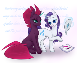 Size: 2000x1628 | Tagged: artist needed, safe, character:fizzlepop berrytwist, character:rarity, character:tempest shadow, species:pony, species:unicorn, crystal horn, drawthread, duo, female, horn, magic, mare, mirror, prosthetic horn, prosthetics, rambling, rarara, tempest gets her horn back