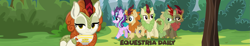 Size: 1903x350 | Tagged: artist needed, safe, character:autumn afternoon, character:autumn blaze, character:forest fall, character:maple brown, character:spring glow, character:starlight glimmer, species:kirin, equestria daily, episode:sounds of silence, g4, my little pony: friendship is magic, background kirin, banner, best kirin, bush, cloven hooves, cup, cute, drinking, female, forest, frown, grass, grass field, hill, hoof hold, kirin starlight, kirin-ified, leaves, lidded eyes, looking at you, male, one of these things is not like the others, outdoors, plant, sky, slime, smug, species swap, text, tree, undercover, wall of tags