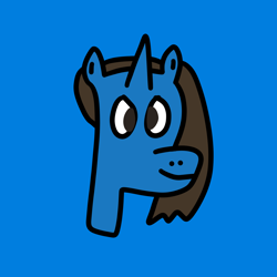 Size: 2048x2048 | Tagged: artist needed, safe, oc, oc only, oc:cobalt opus, species:pony, species:unicorn, artist unverified, blue background, blue coat, brown eyes, brown mane, flat colors, simple background, solo