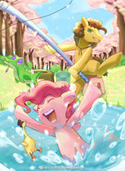 Size: 656x897 | Tagged: artist needed, safe, character:boneless, character:cheese sandwich, character:gummy, character:pinkie pie, species:earth pony, species:pony, cherry blossoms, cute, duo, eyes closed, female, fishing rod, flower, flower blossom, happy, male, mare, playing, smiling, stallion, water