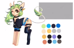 Size: 2300x1500 | Tagged: artist needed, safe, oc, oc only, oc:endernia, species:pony, clothing, green mane, horn, piercing, reference sheet, solo, stockings, thigh highs