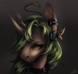 Size: 1473x1408 | Tagged: artist needed, safe, oc, oc only, oc:endernia, species:pony, bust, collar, green mane, horn, piercing, solo