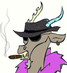 Size: 342x371 | Tagged: artist needed, safe, character:discord, cigar, clothing, ear piercing, hat, piercing, solo