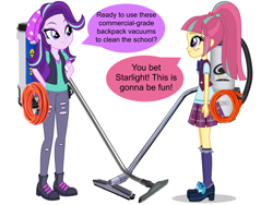 Size: 2048x1536 | Tagged: artist needed, safe, edit, character:sour sweet, character:starlight glimmer, my little pony:equestria girls, backpack vacuum cleaner, clothing, crystal prep academy uniform, dialogue, random, school uniform, simple background, speech bubble, vacuum cleaner, vector, vector edit