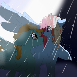 Size: 1280x1280 | Tagged: artist needed, safe, character:lightning dust, character:rainbow dash, species:pony, ship:rainbowdust, alternate hairstyle, chest fluff, covering, crying, ear fluff, female, hug, lesbian, looking at each other, mare, moon, night, rain, reconciliation, sad, shipping, stars, wet, wet mane, winghug, wings