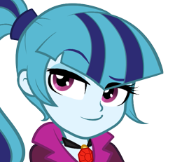 Size: 521x482 | Tagged: artist needed, safe, character:sonata dusk, equestria girls:rainbow rocks, g4, my little pony:equestria girls, bust, clothing, cute, female, gem, jewelry, looking at you, necklace, ponytail, raised eyebrow, simple background, siren gem, smug, solo, sonatabetes, transparent background