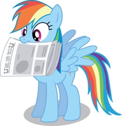 Size: 880x908 | Tagged: artist needed, safe, character:rainbow dash, species:pegasus, species:pony, female, hooves, mare, mouth hold, newspaper, simple background, solo, spread wings, teeth, vector, white background, wings