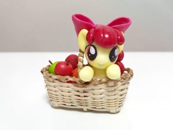 Size: 1024x768 | Tagged: artist needed, source needed, useless source url, safe, character:apple bloom, species:earth pony, species:pony, apple, basket, bow, female, filly, food, hair bow, looking at you