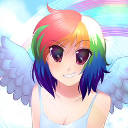 Size: 900x900 | Tagged: artist needed, source needed, useless source url, safe, character:rainbow dash, species:human, anime, anime style, breasts, cleavage, clothing, female, grin, humanized, rainbow, smiling, solo, starry eyes, tank top, wingding eyes, winged humanization, wings