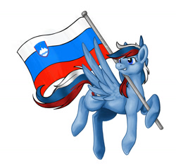 Size: 1300x1207 | Tagged: artist needed, safe, species:pegasus, species:pony, nation ponies, blue coat, flag pole, flying, gritted teeth, looking at something, ponified, shading, simple background, slovenia, slovenian flag, solo, spread wings, white background, wings