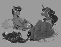 Size: 1664x1284 | Tagged: artist needed, safe, character:princess luna, character:twilight sparkle, character:twilight sparkle (unicorn), species:alicorn, species:pony, species:unicorn, ship:twiluna, duo, eye contact, female, gray background, grayscale, leaning, lesbian, looking at each other, mare, monochrome, pillow, realistic horse legs, shipping, simple background
