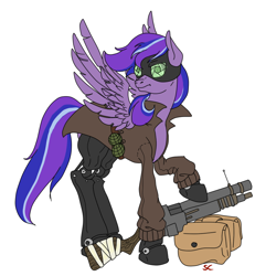 Size: 788x852 | Tagged: artist needed, safe, oc, oc:starshine bomber, species:pegasus, species:pony, fallout equestria, cyborg, fallout, female, grenade launcher, grenades, simple background, solo, white background