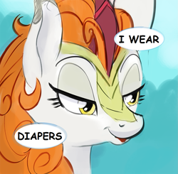 Size: 1141x1120 | Tagged: artist needed, source needed, safe, edit, character:autumn blaze, species:kirin, species:pony, episode:sounds of silence, g4, my little pony: friendship is magic, season 8, bedroom eyes, bust, comic sans, confession, cute, dialogue, diaper, ears, ears up, eye lashes, female, happy, horn, implied diaper fetish, mane, mare, mouth, nostrils, portrait, smiling, smug, solo, speech bubble, text, text edit