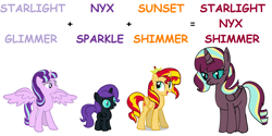 Size: 1600x800 | Tagged: artist needed, source needed, safe, edit, character:starlight glimmer, character:sunset shimmer, oc, oc:nyx, oc:starlight nyx shimmer, species:alicorn, species:pony, alicorn oc, alicornified, alternate universe, blank flank, comic sans, crown, cutie mark, equal sign, female, fusion, glimmerposting, happy, horn, jewelry, mare, math, meme, ms paint, ms paint adventures, nostrils, nyxposting, open mouth, plus sign, princess, princess starlight glimmer, race swap, regalia, royalty, shimmercorn, shimmerposting, simple background, smiling, spread wings, standing, standing up, starlicorn, starlightnyxshimmer, sun, text, text edit, vector, wall of tags, wingboner, wings, xk-class end-of-the-world scenario, xk-class end-of-the-world scenario alicorn