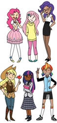 Size: 564x1205 | Tagged: artist needed, source needed, safe, character:applejack, character:fluttershy, character:pinkie pie, character:rainbow dash, character:rarity, character:twilight sparkle, species:human, alternate hairstyle, apple, book, dark skin, food, glasses, hair accessory, hand on hip, hands behind back, humanized, light skin, mane six, peace sign, pigtails, shoes, simple background, sneakers, white background