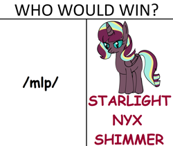 Size: 1200x1015 | Tagged: artist needed, source needed, safe, edit, character:starlight glimmer, character:sunset shimmer, oc, oc:nyx, oc:starlight nyx shimmer, species:alicorn, species:pony, /mlp/, 4chan, blank flank, comic sans, cropped, edited edit, equestria is doomed, equestria is fucked, exploitable meme, female, filly, glimmerposting, horn, lidded eyes, meme, nyxposting, op is a duck, op is trying to start shit, question, question mark, shimmerposting, shipping, simple background, smiling, solo, standing, starlightnyxshimmer, subversion, subverted meme, symbol, text, text edit, trio, trio female, vector, wall of tags, who would win, wings, xk-class end-of-the-world scenario, xk-class end-of-the-world scenario alicorn