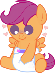 Size: 580x766 | Tagged: artist needed, safe, character:scootaloo, species:pegasus, species:pony, baby, baby pony, baby scootaloo, blushing, c:, cute, cutealoo, diaper, female, foal, heart, simple background, sitting, smiling, solo, spread wings, transparent background, wings, younger