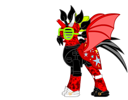 Size: 830x650 | Tagged: artist needed, source needed, safe, oc, oc only, oc:deathwing, species:alicorn, species:bat pony, species:pony, bat pony alicorn, bow, broken horn, cape, clothing, edgy, horn, male, mary sue, mohawk, ow the edge, pony creator, red and black oc, shoes, simple background, stallion, sunglasses, transparent background, tricorn, vector