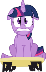 Size: 5859x9020 | Tagged: artist needed, safe, derpibooru original, character:twilight sparkle, character:twilight sparkle (unicorn), species:pony, species:unicorn, episode:lesson zero, g4, my little pony: friendship is magic, absurd resolution, female, floppy ears, mare, nervous, sitting, solo, table, vector