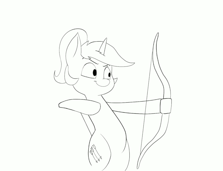 Size: 900x692 | Tagged: safe, artist:anontheanon, oc, oc only, oc:fancy fletch, species:pony, animated, arrow, bipedal, black and white, bow (weapon), bow and arrow, dexterous hooves, flexible, gif, grayscale, monochrome, weapon