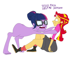 Size: 1280x954 | Tagged: safe, artist:anontheanon, character:sunset shimmer, character:twilight sparkle, character:twilight sparkle (scitwi), species:eqg human, my little pony:equestria girls, cursed image, not salmon, reverse anthro, vulgar, wat, wtf