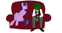 Size: 1280x693 | Tagged: safe, artist:anontheanon, character:twilight sparkle, oc, oc:anon, species:anthro, drinking