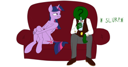 Size: 1280x675 | Tagged: safe, artist:anontheanon, character:twilight sparkle, oc, oc:anon, species:anthro, drinking, drinking straw