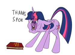 Size: 1280x928 | Tagged: safe, artist:anontheanon, character:twilight sparkle, character:twilight sparkle (alicorn), species:alicorn, species:pony, book, cartoon physics, female, implied spike, mare, parody, simple background, solo, white background