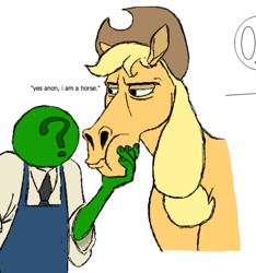 Size: 547x585 | Tagged: safe, artist:anontheanon, character:applejack, oc, oc:anon, species:pony, applejack is not amused, cheek squish, horse, horsified, simple background, sketch, squishy cheeks, unamused, white background