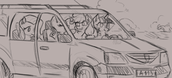 Size: 1077x488 | Tagged: artist needed, safe, character:applejack, character:fluttershy, character:rarity, character:twilight sparkle, species:pony, car, dacia, drawthread, driving, sketch