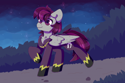 Size: 700x466 | Tagged: artist needed, safe, oc, oc only, oc:grey sky, species:pegasus, species:pony, clothing, cute, flight suit, night, shadowbolts, solo, strolling, walking