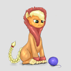 Size: 1500x1500 | Tagged: artist needed, source needed, safe, character:applejack, species:pony, animal costume, applelion, clothing, costume, scrunchy face, sweat, sweatdrops, yarn, yarn ball
