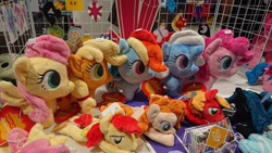 Size: 1600x900 | Tagged: artist needed, safe, character:applejack, character:big mcintosh, character:bright mac, character:fluttershy, character:pear butter, character:pinkie pie, character:rainbow dash, character:trixie, species:pony, irl, photo, plushie, uk ponycon, united kingdom