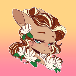 Size: 512x512 | Tagged: artist needed, safe, oc, oc only, species:earth pony, species:pony, bust, eyebrows, female, flower, flower in hair, gradient background, lidded eyes, mare, portrait, solo, three quarter view