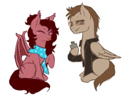 Size: 902x680 | Tagged: artist needed, safe, oc, oc:ruby parcel, oc:toffee scotch, species:bat pony, bat pony oc, blushing, clothing, female, flask, jacket, male, scarf, shipping, simple background, straight, tongue out, white background