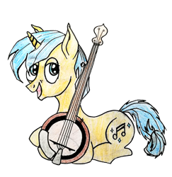 Size: 1200x1233 | Tagged: artist needed, safe, edit, oc, oc only, oc:bluegrass troubleseed, species:pony, species:unicorn, 2019 community collab, derpibooru community collaboration, banjo, lying down, musical instrument, musician, simple background, solo, traditional art, transparent background