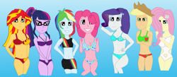 Size: 1599x700 | Tagged: artist needed, safe, character:applejack, character:fluttershy, character:pinkie pie, character:rainbow dash, character:rarity, character:sunset shimmer, character:twilight sparkle, character:twilight sparkle (scitwi), species:eqg human, my little pony:equestria girls, belly button, bikini, bikini babe, bikini bottom, bikini shorts, bikini top, breasts, busty applejack, busty fluttershy, busty pinkie pie, busty rarity, busty sunset shimmer, busty twilight sparkle, clothing, explicit source, fanfic, fanfic art, fanfic cover, humane five, humane seven, humane six, one-piece swimsuit, quality, swimsuit