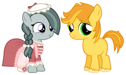 Size: 891x535 | Tagged: artist needed, safe, artist:cloudyglow, edit, character:braeburn, character:marble pie, species:earth pony, species:pony, ship:braeble, braebetes, clothing, colt, cute, cute little pony, dress, dressup, female, filly, foal, male, marblebetes, shipping, shy, simple background, smiling, standing, straight, vector, white background, younger