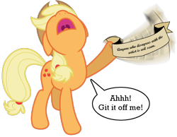 Size: 900x700 | Tagged: artist needed, safe, character:applejack, species:earth pony, species:pony, clothing, cowboy hat, dialogue, female, hat, joke, magnetic hooves, mare, mouthpiece, old banner, parody, simple background, solo, speech bubble, transparent background