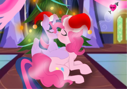 Size: 863x609 | Tagged: artist needed, safe, artist:spero, character:pinkie pie, character:twilight sparkle, character:twilight sparkle (alicorn), species:alicorn, species:earth pony, species:pony, ship:twinkie, bells, blushing, carpet, christmas, christmas lights, christmas tree, clothing, cutie mark, decor, door, eyebrows, eyes closed, female, hat, holiday, hooves on back, indoors, kissing, lesbian, lying down, mare, ribbon, santa hat, shipping, tile, tree, twilight's castle, wings