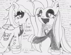 Size: 2200x1700 | Tagged: safe, artist:tenebrousmelancholy, character:fluttershy, character:rainbow dash, accessories, black dress, clothing, dress, duo, ear piercing, earring, fluttergoth, goth, jewelry, long coat, messy mane, piercing, rainbowgoth, smiling, traditional art, transformation