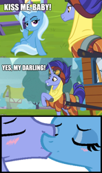 Size: 888x1496 | Tagged: safe, edit, edited screencap, screencap, character:hoo'far, character:trixie, ship:trixfar, episode:on the road to friendship, caption, comic, darling, female, image macro, kissing, male, meme, screencap comic, shipping, straight, text, trixie yells at everything