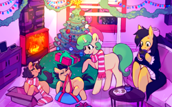 Size: 1086x676 | Tagged: artist needed, safe, oc, oc only, oc:darren cuffs, oc:joseph cuffs, oc:landon cuffs, oc:olive drab, species:pony, box, christmas, christmas lights, christmas tree, clothing, couch, fire, fireplace, gift giving, gift wrapped, holiday, mug, present, scarf, tree