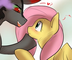 Size: 600x500 | Tagged: artist needed, source needed, safe, character:fluttershy, character:king sombra, species:pegasus, species:pony, species:unicorn, ship:sombrashy, blushing, colored horn, crack shipping, curved horn, eye contact, female, heart, horn, looking at each other, male, mare, open mouth, question mark, shipping, simple background, sombra eyes, sombra horn, stallion, straight